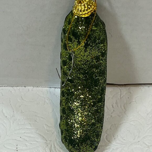 Green Sparkle Pickle Blown Glass Christmas Tree Holiday Ornament 3.75" - Picture 2 of 8